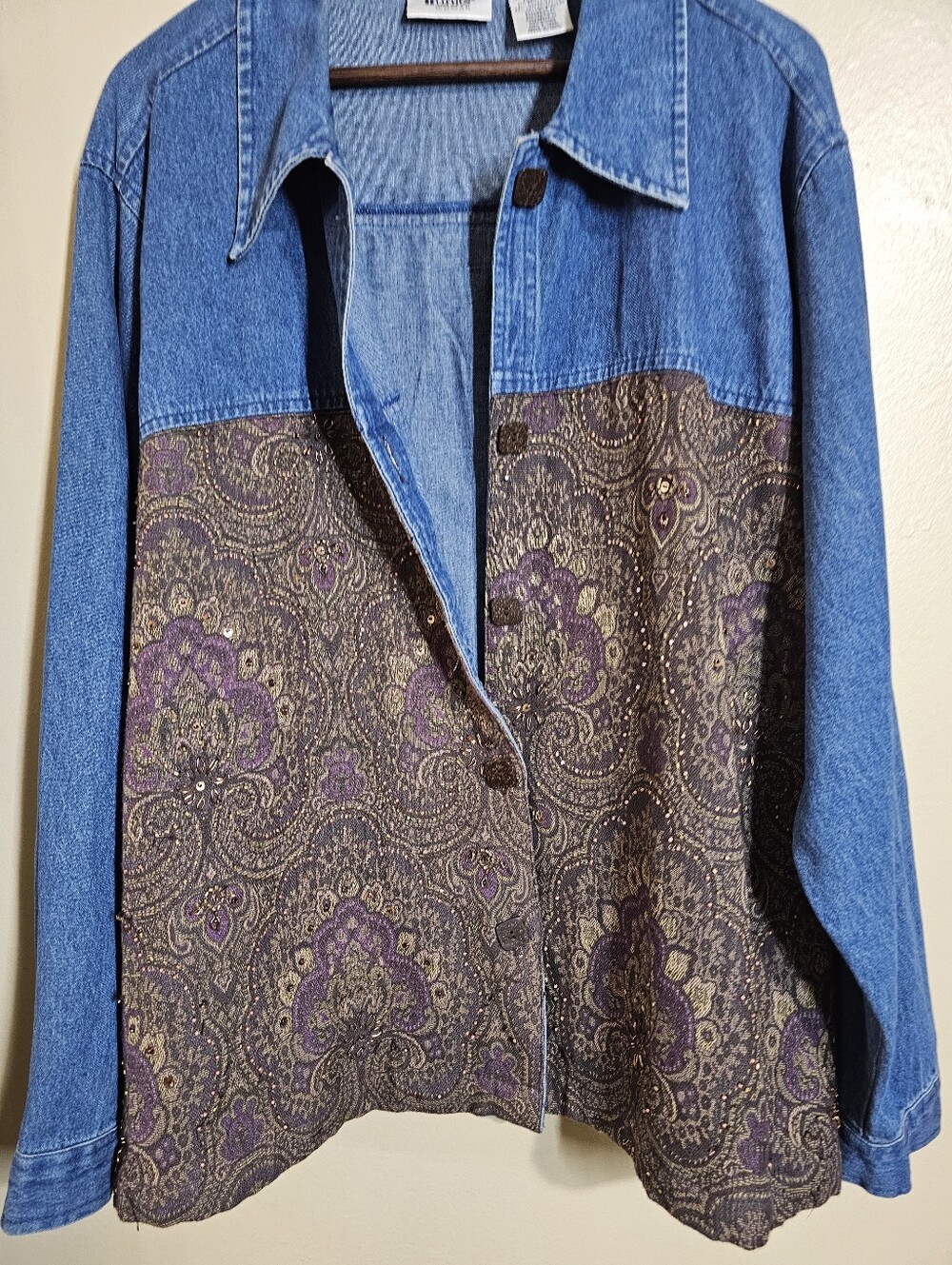 Units Woman 2X Denim Tapestry Jacket Paisley Beaded Boho Shacket Plus Size